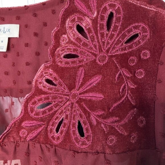 Style & Co NWT Womens Med Eyelet Red 2-pc 3/4 Bell Sleeve Velvet Sheer Tunic Top - Picture 5 of 13